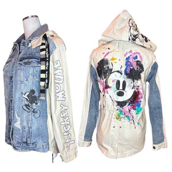 Desigual Disney Mickey Mouse Jean Jacket XS Patchwork Paint Splatter Streetwear - Picture 1 of 16